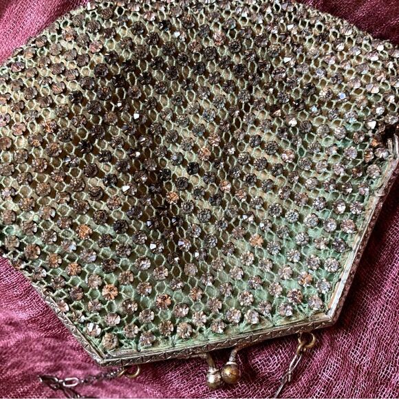 RARE Antique Rhinestone Mesh Kiss Lock Evening Bag Purse Wristlet Clutch - Picture 3 of 7